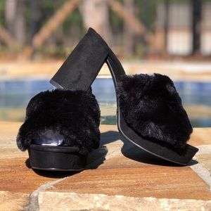 BLACK VALENTINE FURRY HEELS SLIDES